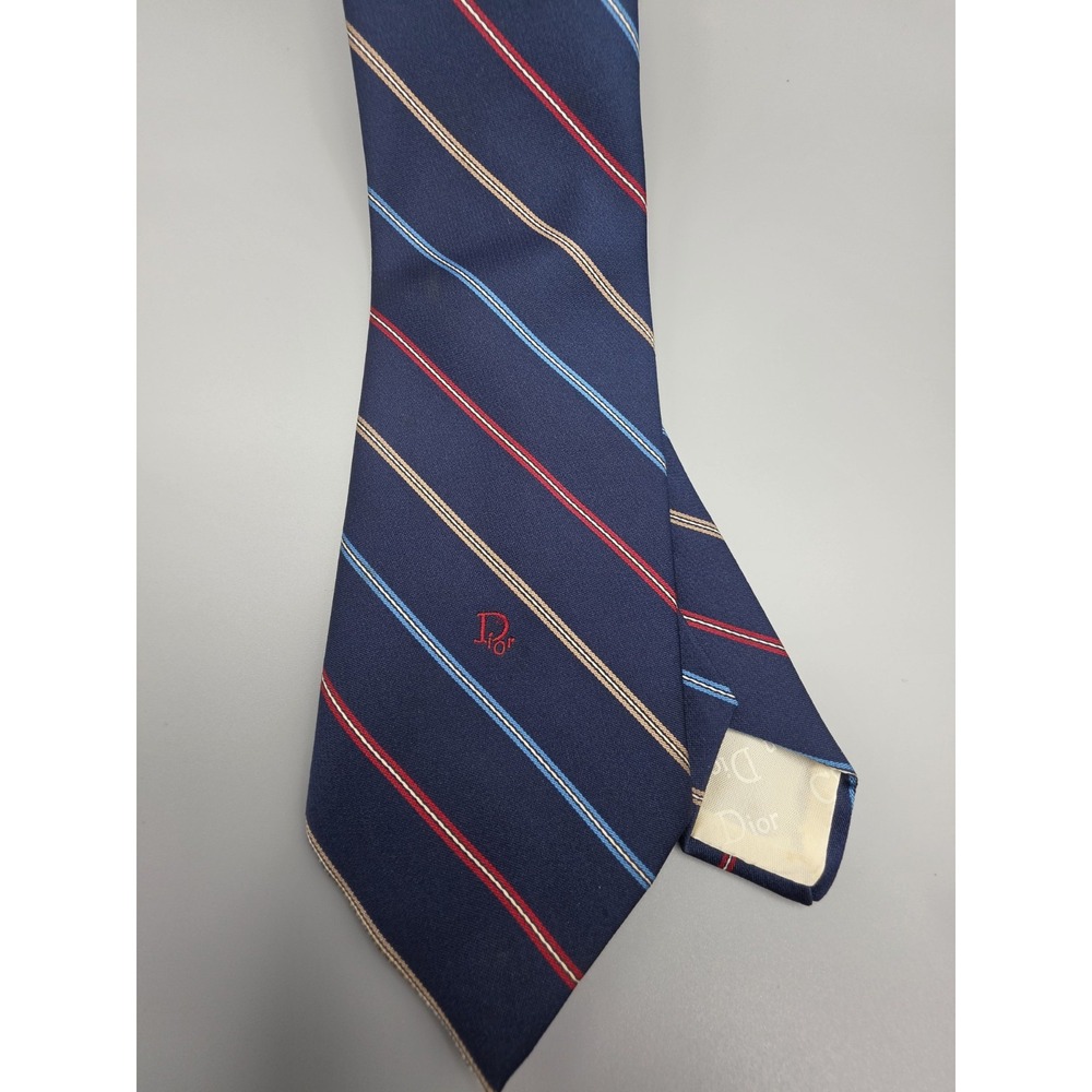 Christian Dior Paris Men's Silk Tie Navy Blue Red Stripe Logo Designer Necktie